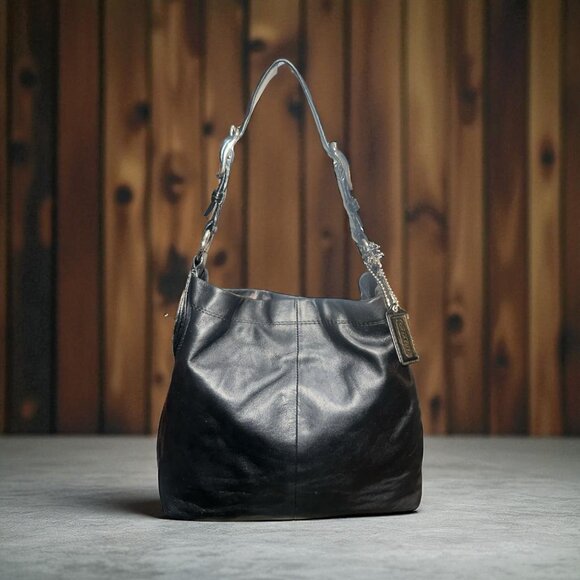 COACH Peyton Hobo 14502 Black Leather Silver Nickel Slouch Shoulder Bag Turnlock - Picture 1 of 10